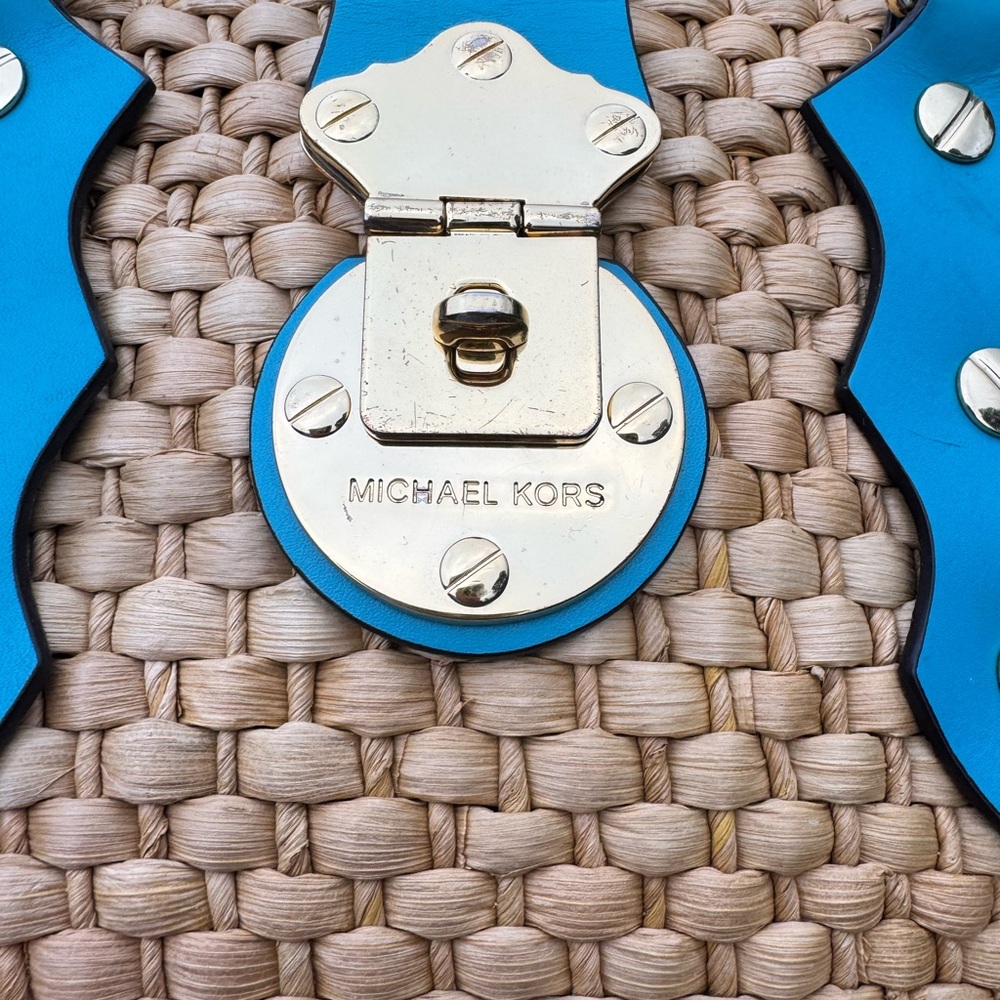 Michael Kors Straw Woven Tote Bag Turquoise Leather Gold Chain Small Summer Bag - Picture 7 of 14